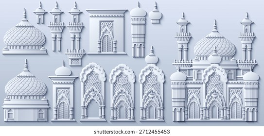 Edifícios da cidade árabe vetorial em estilo de papel branco com cúpulas, arcos e torres para design oriental. Desenhado à mão, não com IA