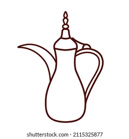 Cafetera arabica vectorial en forma de contorno, ilustración de dallah árabe, icono de la olla de café oriental