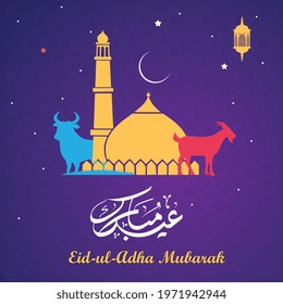 Vector of Arabic and English Calligraphy text of Eid ul adha Mubarak for the celebration of Muslim community festival.