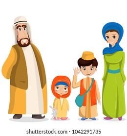 Vector arabic family in national clothes. Parents, children in muslim costumes, islamic clothing. People in hijab, turban, skullcap, robe. Happy arab husband, wife with kids.