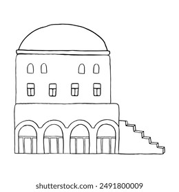 Vector Arabic house with dome, stairs and columns flat illustration in black and white. Simple line art of traditional Islamic Middle East architecture