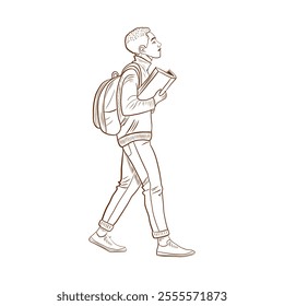 Vector Arabic man student male with book walking line art illustration, graphic line studying learning process. Education concept. Great for any designs, textile, art, walls, package