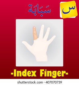 Vector Arabic Name of Part Human Body Illustration, English Translation; Index Finger