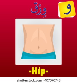 Vector Arabic Name of Part Human Body Illustration, English Translation; Hip