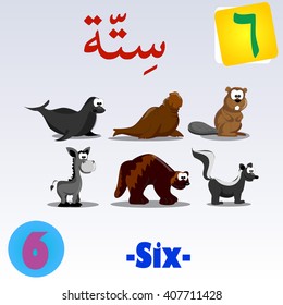 Vector Arabic Number with Animal Illustration for kids learning, English Translation; Number Six