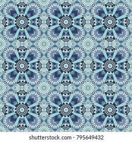 Vector Arabic ornament in blue, gray and white colors. Ornamental motifs of the Indian fabric patterns. Paisley floral oriental ethnic seamless pattern.