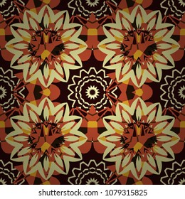 Vector Arabic ornament in orange, yellow and brown colors. Ornamental motifs of the Indian fabric patterns. Paisley floral oriental ethnic seamless pattern.