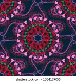 Vector Arabic ornament in pink, red and black colors. Ornamental motifs of the Indian fabric patterns. Paisley floral oriental ethnic seamless pattern.