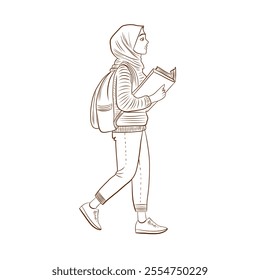 Vector Arabic woman student female with book walking line art illustration, graphic line studying learning process. Education concept. Great for any designs, textile, art, walls, package