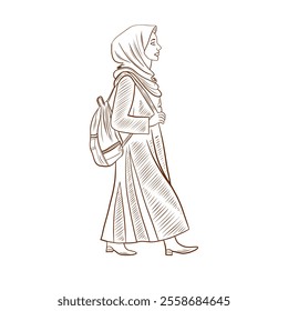 Vector Arabic woman student female with book walking line art illustration, graphic line studying learning process. Education concept. Great for any designs, textile, art, walls, package