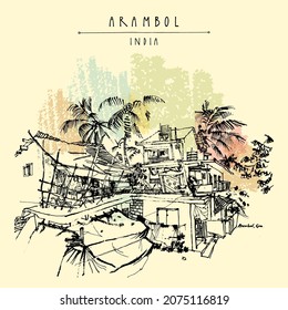 Vector Arambol, Goa, India postcard. Tropical village landscape. Artistic drawing. Travel sketch. Vintage hand drawn postcard, poster, brochure illustration