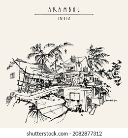 Vector Arambol, Goa, India postcard. Tropical village landscape. Artistic drawing. Travel sketch. Vintage hand drawn postcard, poster, brochure illustration