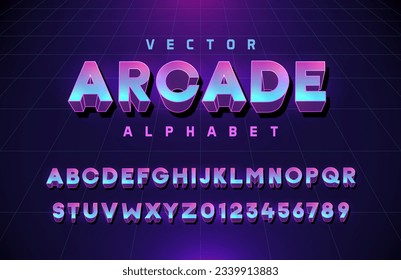 Vektor-Arkade-Premium-Alphabet in violettem violettem Blau. Vektor-3d-Schriftart. Textelemente basierend auf Retrowave, Synthwave, Videospiel-Grafikstilen. Schriften auf der Grundlage von 80ern, 90ern und y2k