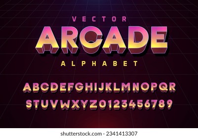 Vektor-Arkade-Premium-Alphabet in Gelb-, Orange- und Rottönen mit blauem violettem Umriss. Vektor-3d-Schriftart. Textelemente basierend auf Retrowave, Synthwave, Videospiel-Grafikstilen. Schrift auf Basis der 80er