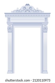 Vector arch. Antique vintage frame. Classic white baroque portal. Antique greek roman wall architecture. Stone palace design element. Ancient building interior style with scroll. Old pillar arch frame