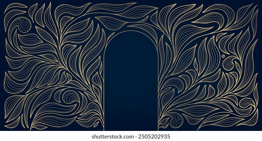 Arco de Vector y hojas de textura art deco, línea nouveau ilustración de lujo, adorno de la naturaleza, oro sobre negro elegante motivo.