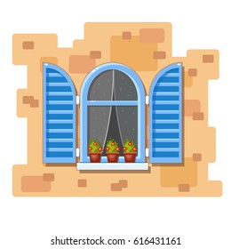 Vector arch window with blue shutters, transparent curtains with spots and flower pots on a brick wall. Cartoon house element. Cute summer illustration. European street