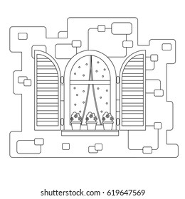 Vector arch window with shutters, transparent curtains with spots and flower pots on a brick wall. Cartoon contour house element. Cute summer european street. Line illustration for coloring