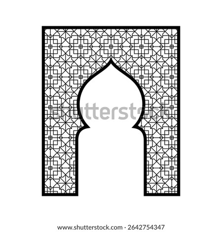 Vector arched frame with oriental ornament, black color. Traditional Islamic decorative element. For Ramadan, holidays and architectural projects. Flat illustration. Isolated background.