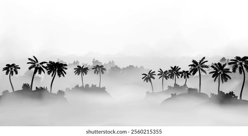 Vector archipelago hazy landscape. The group of little islands with palms and plants on it lost inside the fog in front of sea beach. Black and white sillhouete illustration. View from sea.