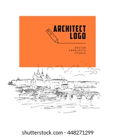 Vector architect studio logo design isolated on white background. Architect bureau insignia icon. Building company, construction industry brand mark icon. City, town hand drawn sketch background.