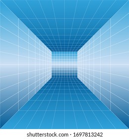 Vector. Architectural background in blue color with grid lines. One-point perspective drawing with the vanishing point placed at the drawing center.

