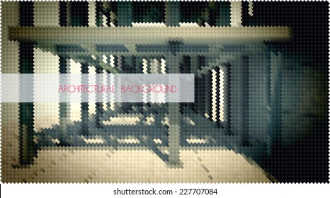 vector architectural background with modern building exterior made of small geometric particles