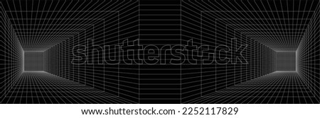 Vector. Architectural background. Opposite rooms connected by wall. Perspective drawing with the vanishing point placed off the drawing center.Rectangular wire frame. Cyber network technology. 