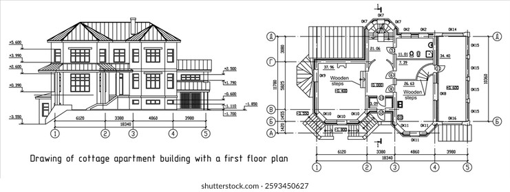 Vector architectural engineering construction
drawing of private residential building
with dimensional lines. Industrial hand design
on white sheet of paper. Blueprint of multistory
suburban cottage.