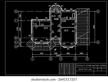 Vector architectural engineering construction
private residential building drawing,
second floor plan, dimensional lines. Industrial design
on sheet of paper. Blueprint of multistory
suburban cottage.