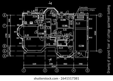Vector architectural engineering construction
private residential building drawing,
ground floor plan, dimensional lines. Industrial design
on sheet of paper. Blueprint of multistory
suburban cottage.