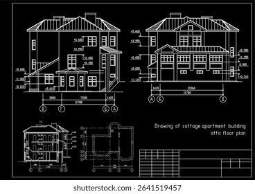 Vector architectural engineering construction
private residential building drawing,
attic floor plan, dimensional lines. Industrial design
on sheet of paper. Blueprint of multistory
suburban cottage.