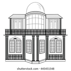 Vector architectural facade. Wire frame blueprint drawing of classic building. Vector architectural template background