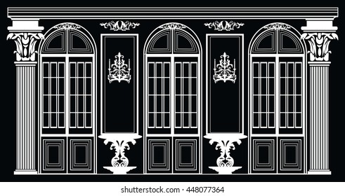 Vector architectural facade. Wire frame blueprint drawing of classic luxury building. Vector architectural template background