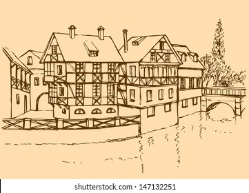 Vector architectural landscape. Ink sketch of the cozy corner of an old European city