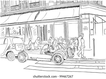 Vector architectural landscape. Old street of the city center with access to the main square