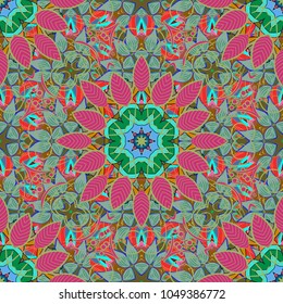 Vector architectural muslim texture design. Can be used for brochures invitations, persian motif. Islamic colored mandala round ornament on pink, green and blue colors.