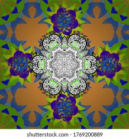 Vector architectural muslim texture design. Islamic colored mandala round ornament on green, orange and blue colors. Can be used for brochures invitations, persian motif.