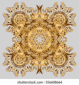 Vector architectural muslim texture design. Can be used for brochures invitations, persian motif. Islamic gold mandala round ornament on gray background.