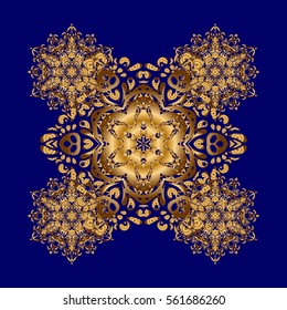 Vector architectural muslim texture design. Can be used for brochures invitations, persian motif. Islamic gold mandala round ornament on blue background.