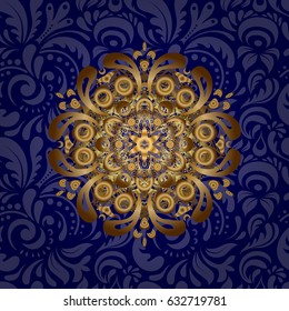Vector architectural muslim texture design. Can be used for brochures invitations, persian motif. Islamic gold mandala round ornament on blue background.