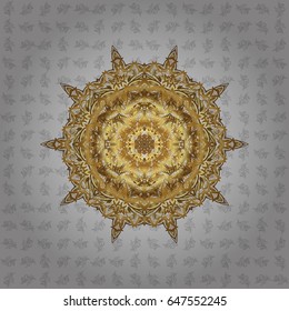 Vector architectural muslim texture design. Can be used for brochures invitations, persian motif. Islamic gold mandala round ornament on gray background.