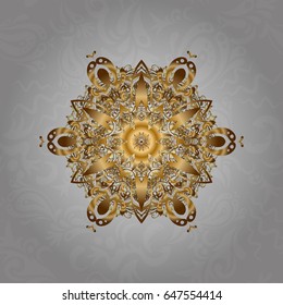 Vector architectural muslim texture design. Can be used for brochures invitations, persian motif. Islamic gold mandala round ornament on gray background.