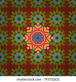 Vector architectural muslim texture design. Can be used for brochures invitations, persian motif. Islamic colored mandala round ornament on green, red and blue colors.