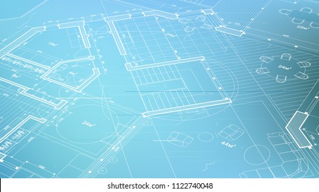 plan arquitectónico vectorial - proyecto arquitectónico abstracto de un edificio residencial moderno / tecnología, industria, ilustración de concepto de negocio: inmuebles, construcción, construcción y arquitectura
