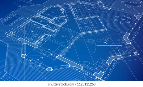 plan arquitectónico vectorial - proyecto arquitectónico abstracto de un edificio residencial moderno / tecnología, industria, ilustración de concepto de negocio: inmuebles, construcción, construcción y arquitectura