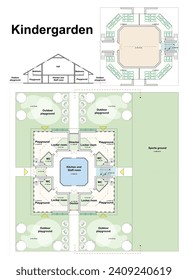 Proyecto arquitectónico de vectores de un jardín de infancia o escuela preescolar