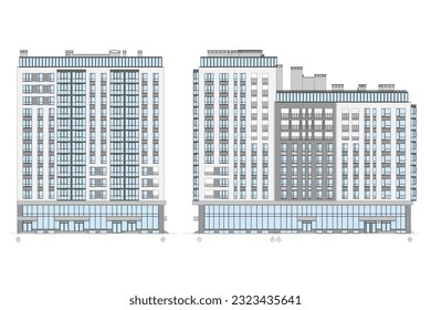 Vector architectural project of a multistory building facades and floor plan