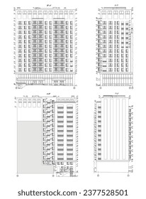 Vector architectural project of a multistory building facades