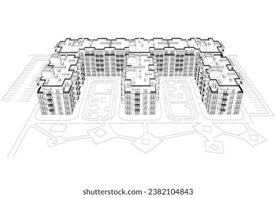 Proyecto arquitectónico vectorial de un edificio de varias plantas, vista aérea